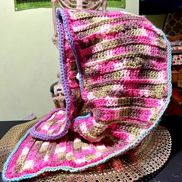 Handcrafted crocheted scarf. 36 inches long. 9 inches wide.  Pink, green, brown - Picture 2 of 3